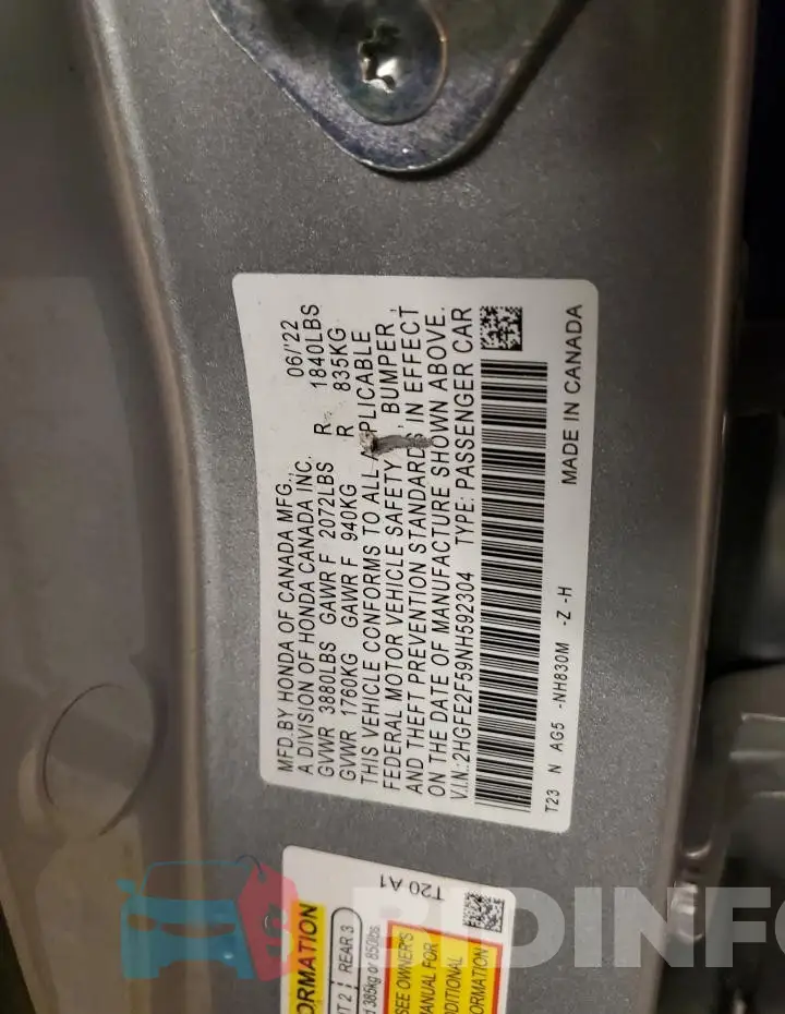 2HGFE2F59NH592304 Photo# 12