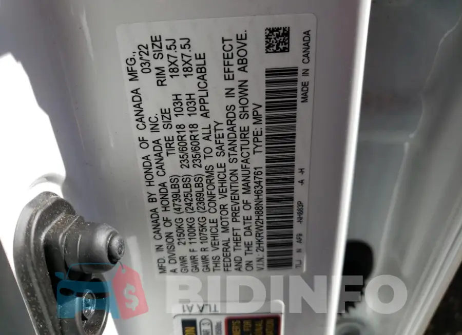 2HKRW2H88NH634761 Photo# 13