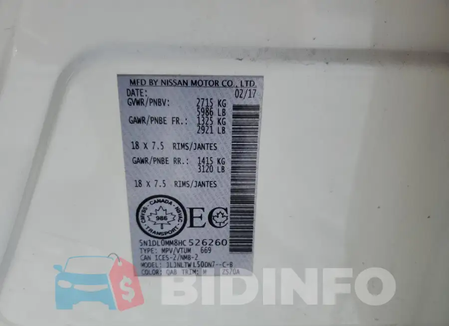 5N1DL0MM8HC526260 Photo# 14