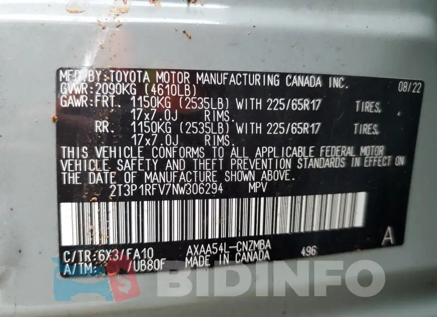 2T3P1RFV7NW306294 Photo# 13