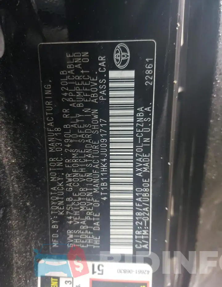4T1B11HK4JU091717 Photo# 12