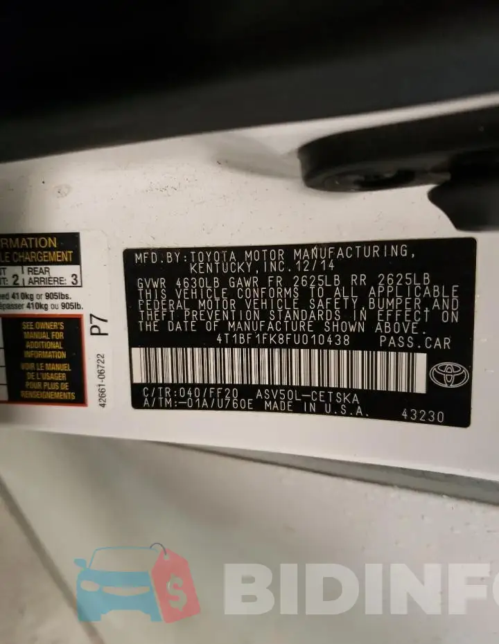 4T1BF1FK8FU010438 Photo# 12
