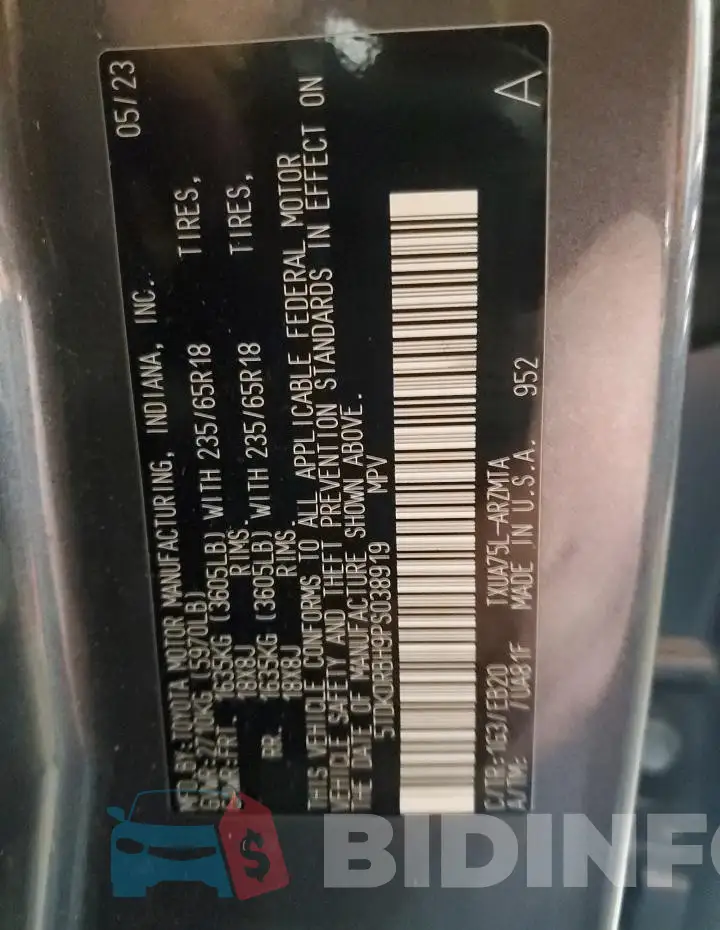 5TDKDRBH9PS038919 Photo# 13