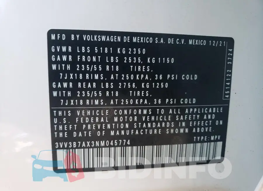 3VV3B7AX3NM045774 Photo# 13