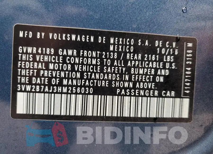 3VW2B7AJ3HM256030 Photo# 12