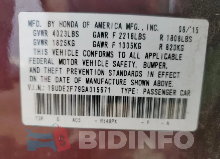 19UDE2F79GA015671 Photo# 12