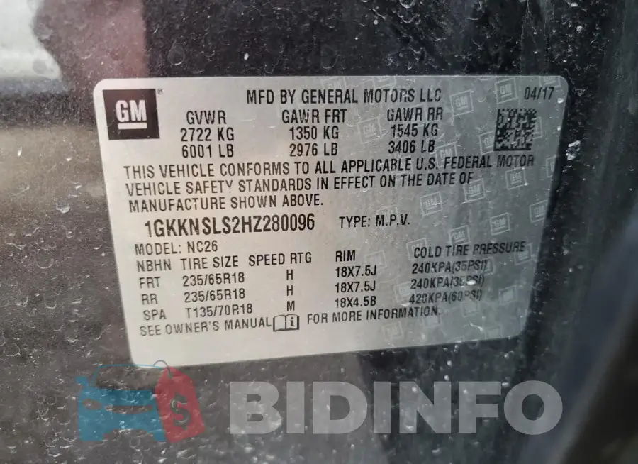 1GKKNSLS2HZ280096 Photo# 12