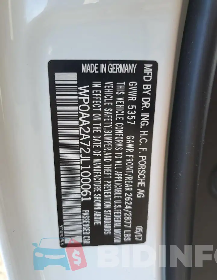 WP0AA2A72JL100061 Photo# 13