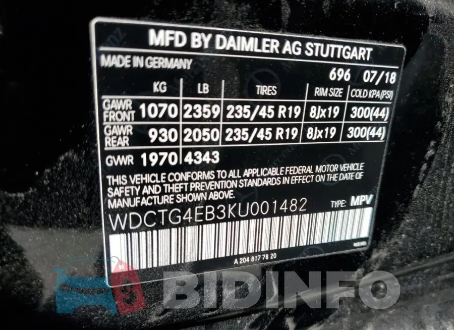 WDCTG4EB3KU001482 Photo# 13