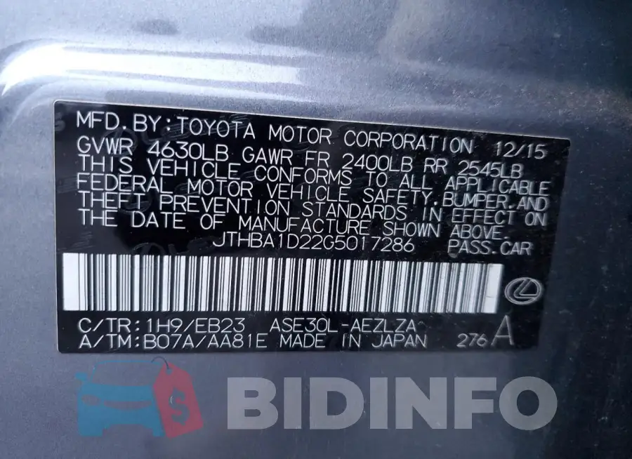 JTHBA1D22G5017286 Photo# 13