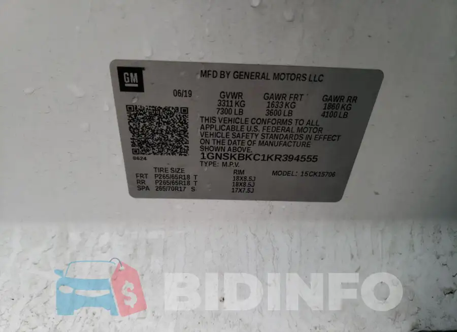 1GNSKBKC1KR394555 Photo# 13