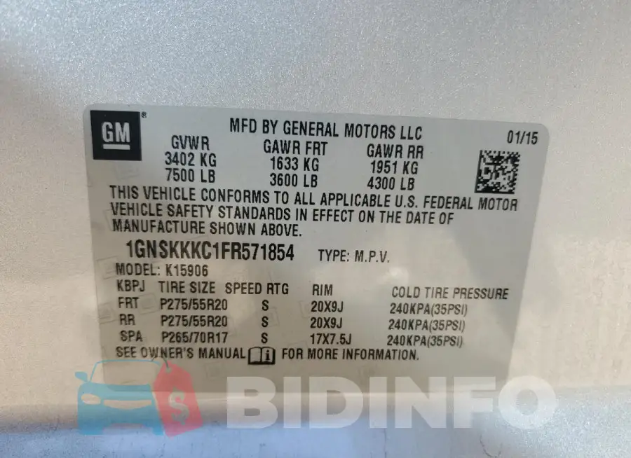1GNSKKKC1FR571854 Photo# 13