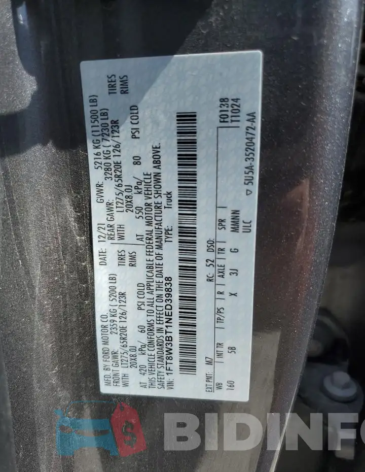 1FT8W3BT1NED39838 Photo# 12