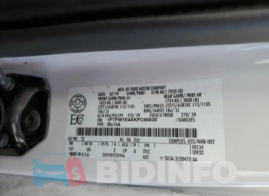 1FTFW1E4XKFC66930 Photo# 13