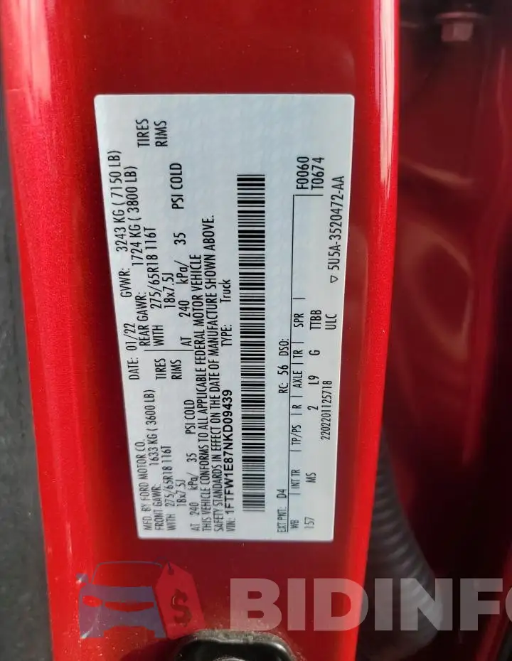 1FTFW1E87NKD09439 Photo# 12