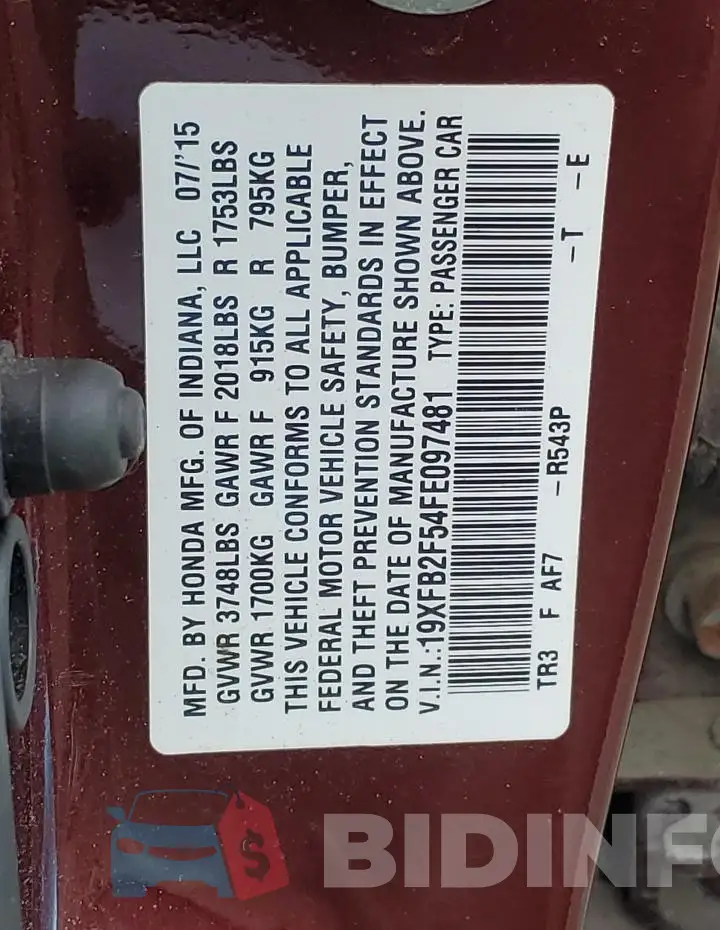 19XFB2F54FE097481 Photo# 12