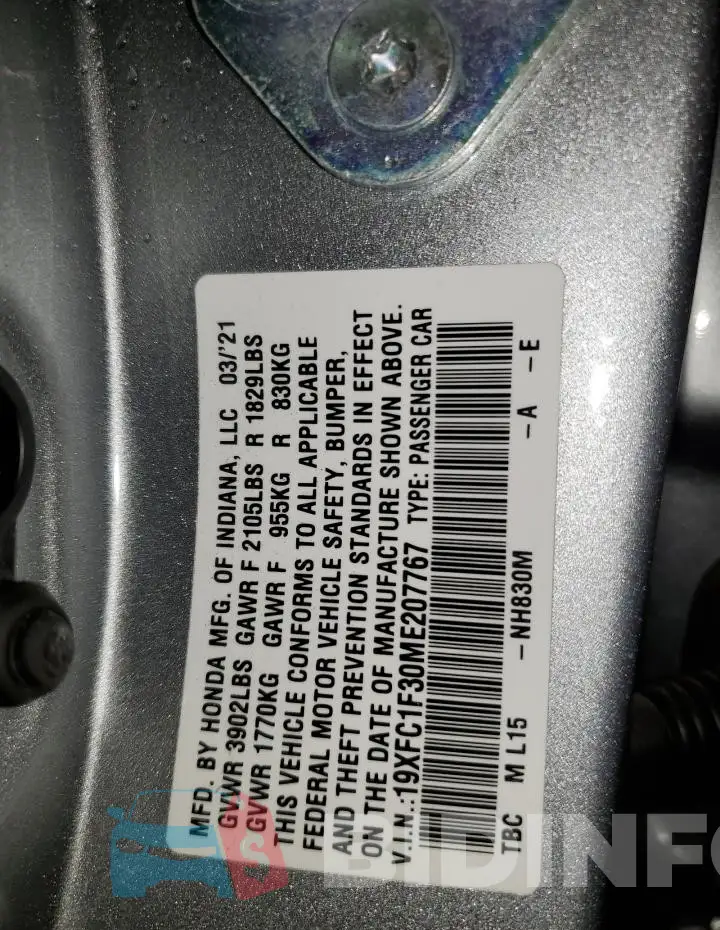 19XFC1F30ME207767 Photo# 12