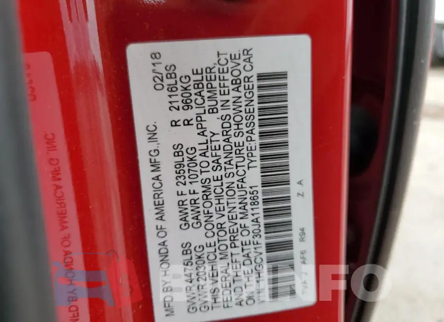 1HGCV1F30JA118651 Photo# 12
