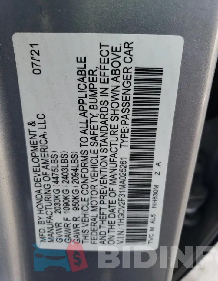 1HGCV2F31MA025261 Photo# 12