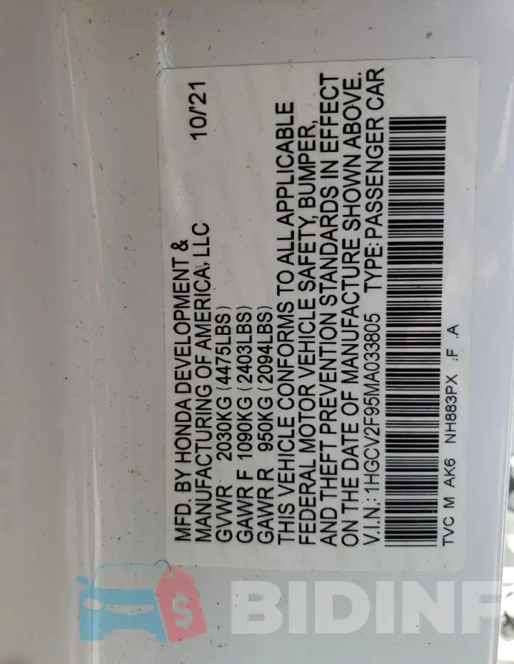 1HGCV2F95MA033805 Photo# 12
