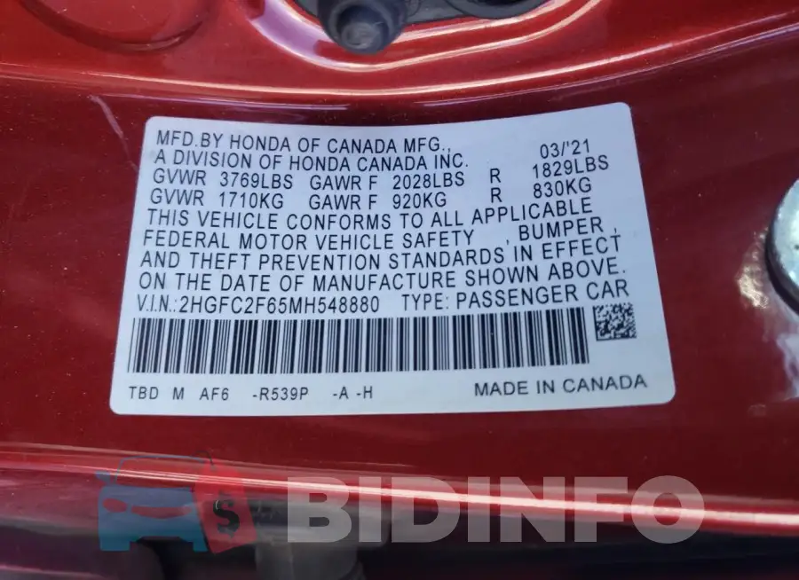 2HGFC2F65MH548880 Photo# 13
