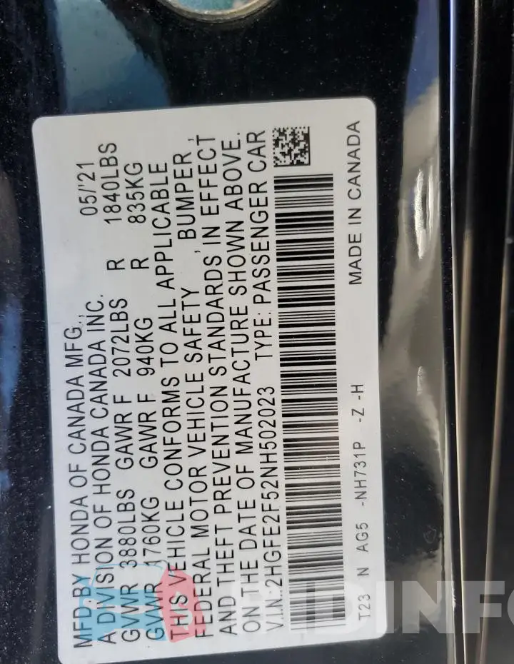 2HGFE2F52NH502023 Photo# 12