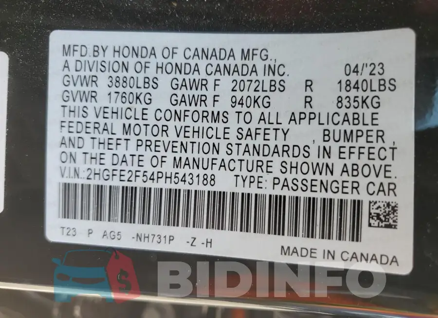 2HGFE2F54PH543188 Photo# 12