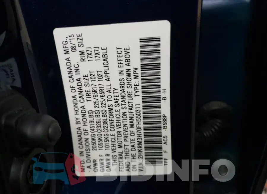 2HKRM3H70FH550311 Photo# 12