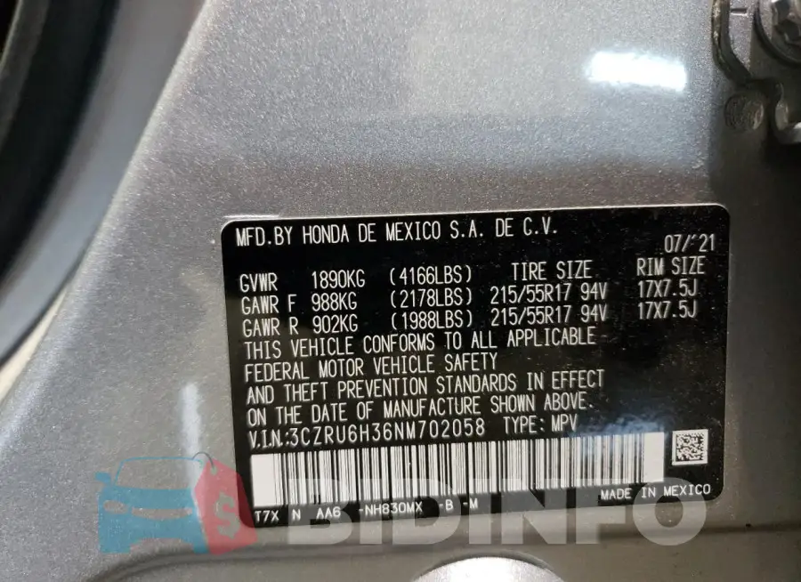 3CZRU6H36NM702058 Photo# 12