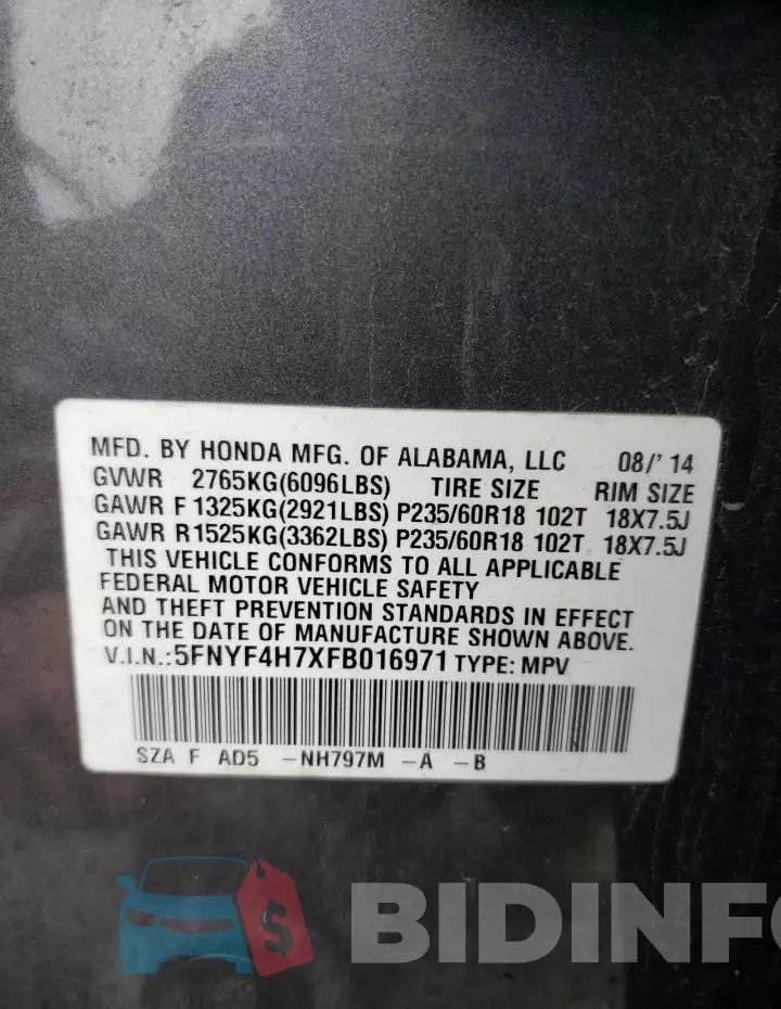 5FNYF4H7XFB016971 Photo# 13