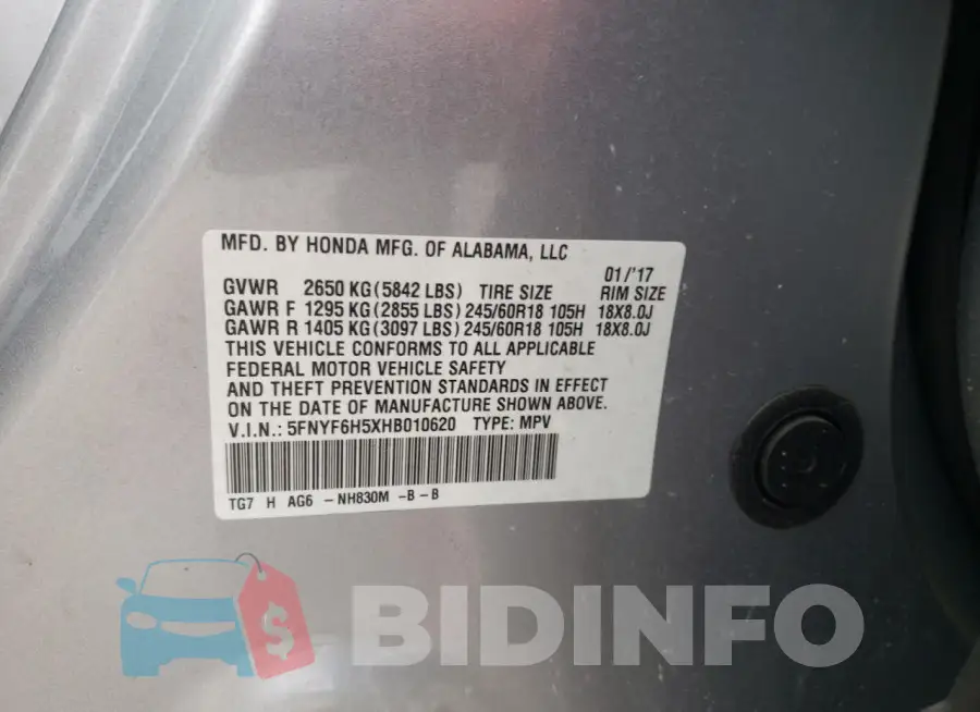 5FNYF6H5XHB010620 Photo# 13