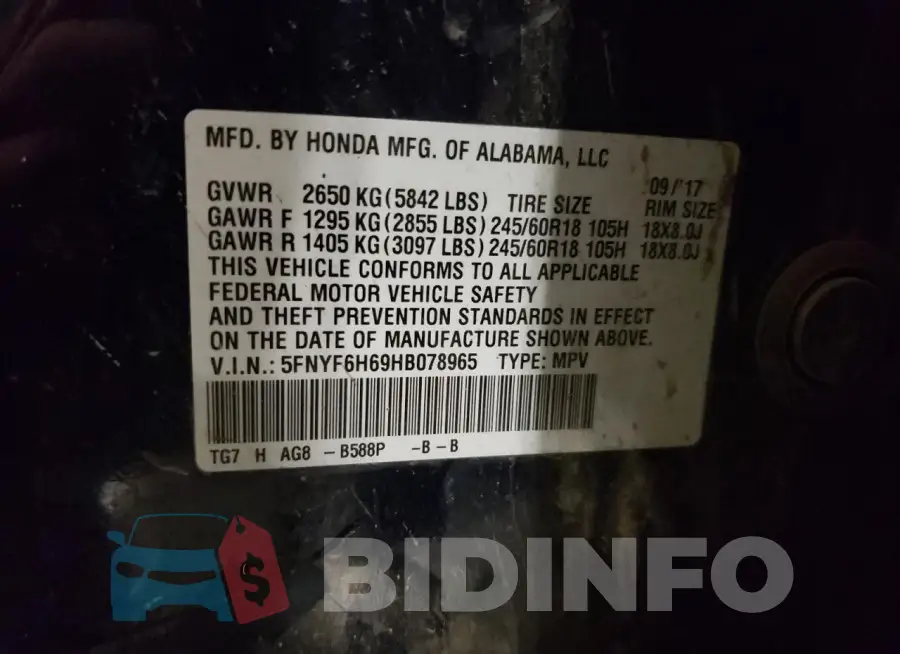 5FNYF6H69HB078965 Photo# 13