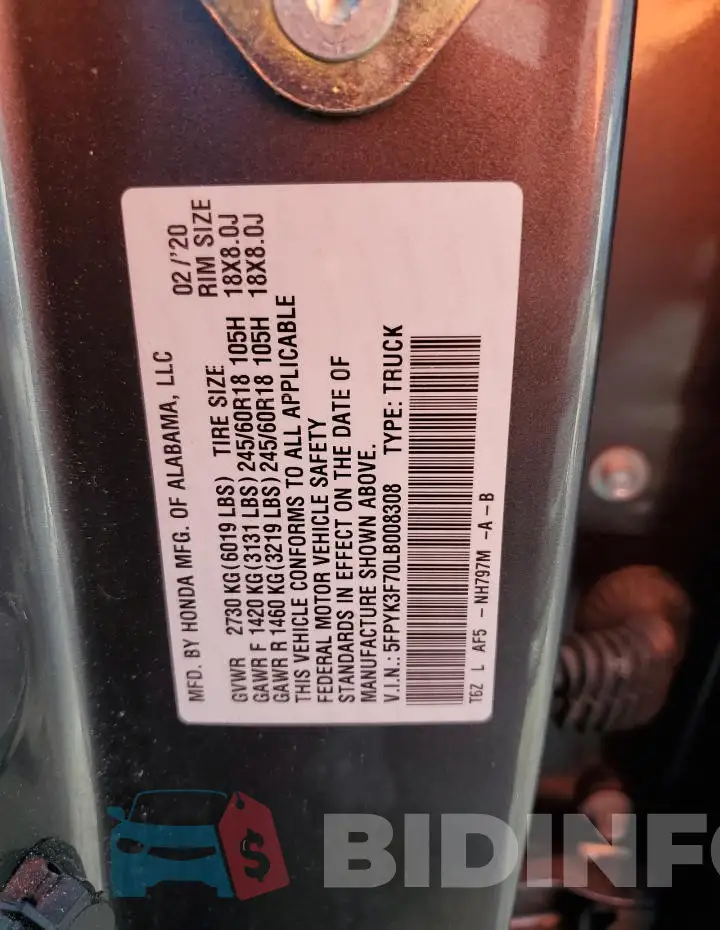 5FPYK3F70LB008308 Photo# 13
