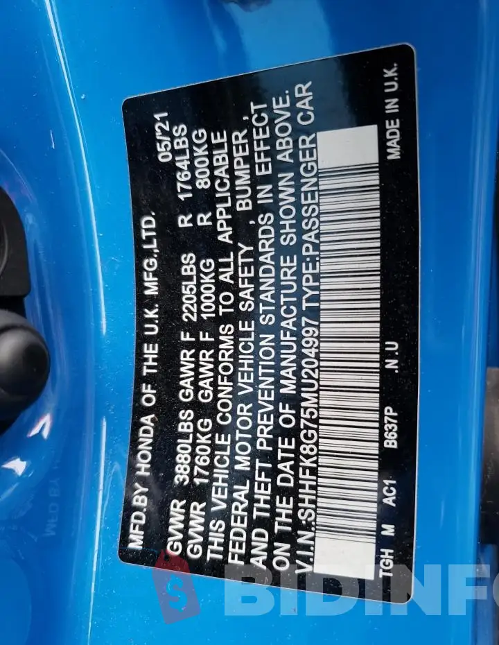 SHHFK8G75MU204997 Photo# 12