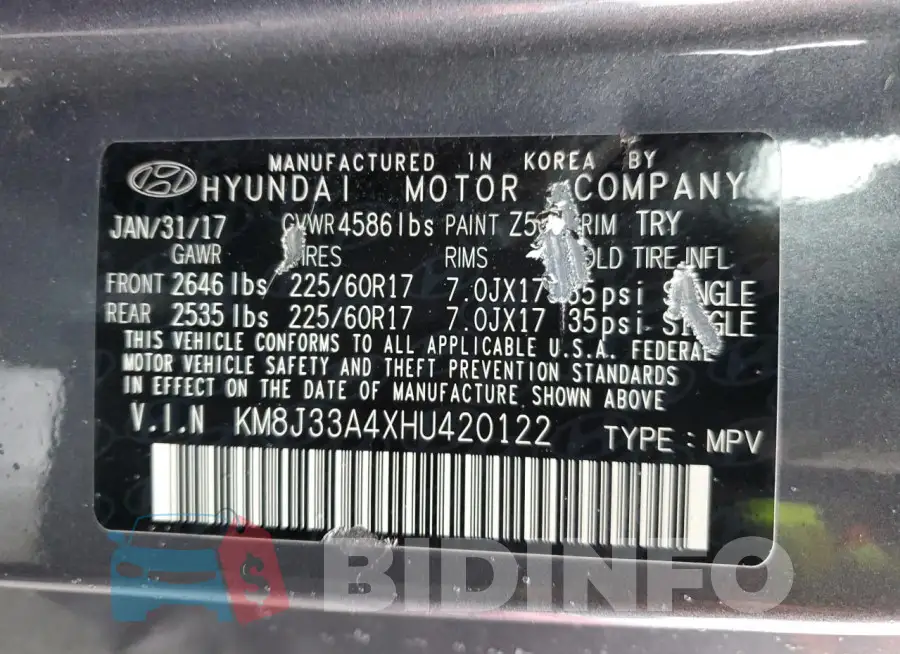 KM8J33A4XHU420122 Photo# 12