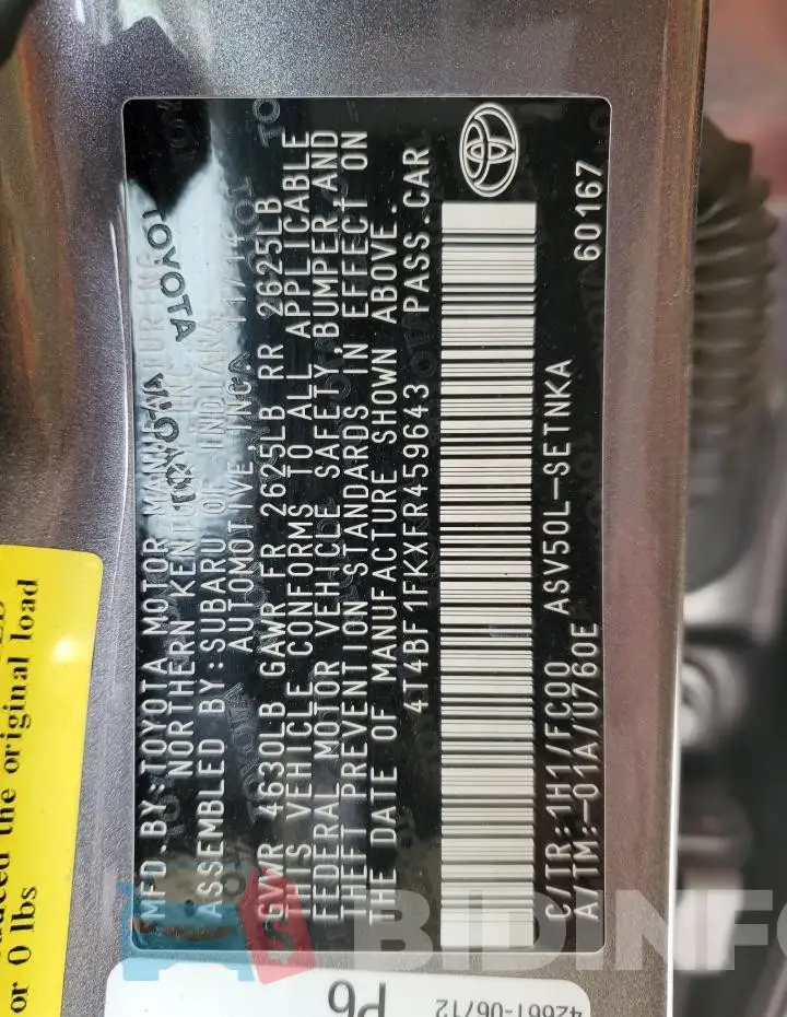 4T4BF1FKXFR459643 Photo# 12
