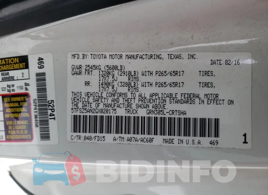 5TFSZ5AN2GX020175 Photo# 12