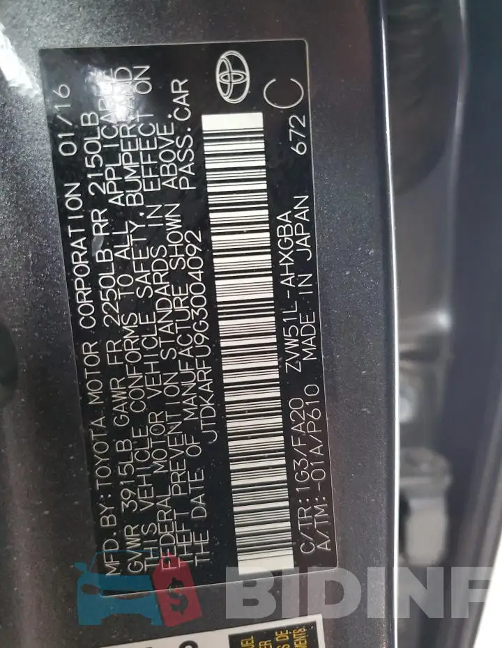 JTDKARFU9G3004092 Photo# 12