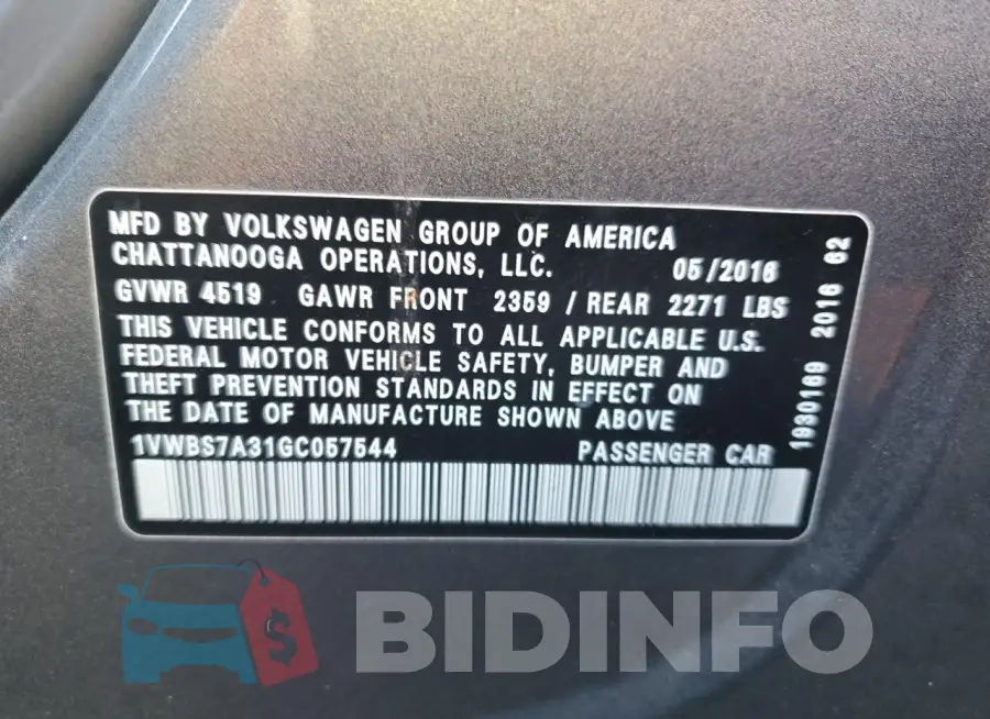 1VWBS7A31GC057544 Photo# 12