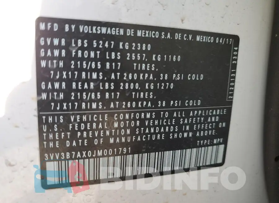 3VV3B7AX0JM001791 Photo# 12