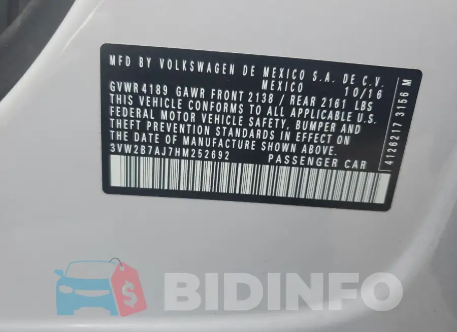 3VW2B7AJ7HM252692 Photo# 12