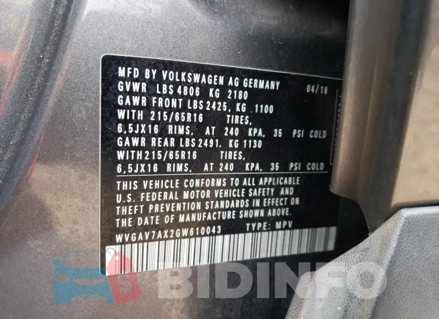 WVGAV7AX2GW610043 Photo# 13