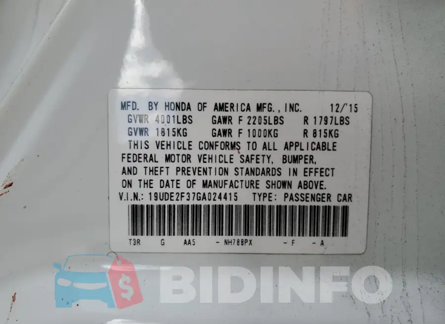 19UDE2F37GA024415 Photo# 12