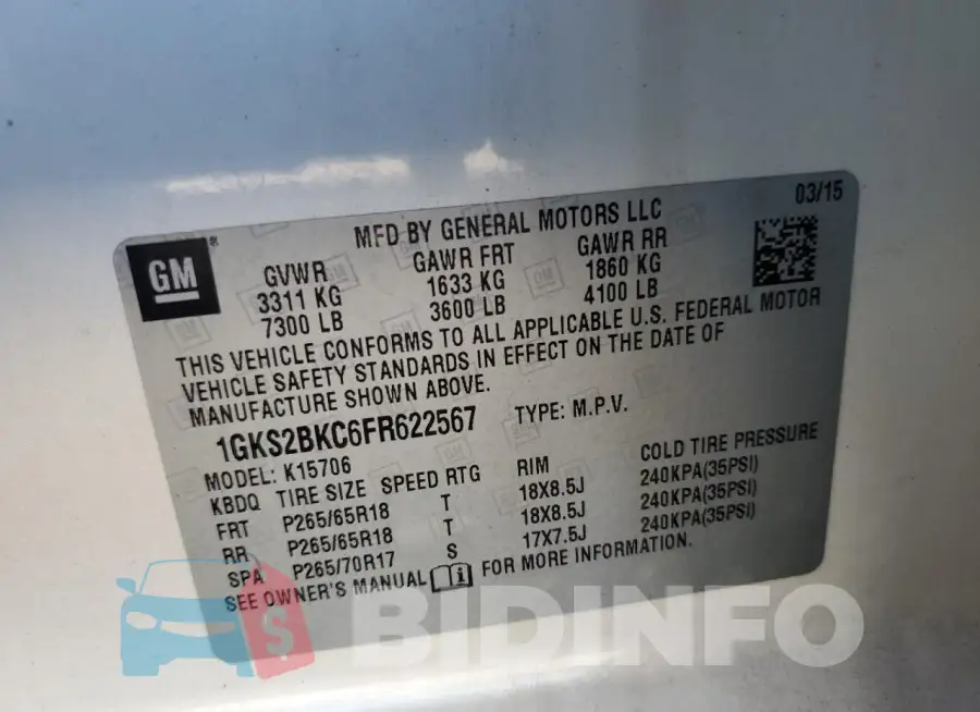 1GKS2BKC6FR622567 Photo# 14