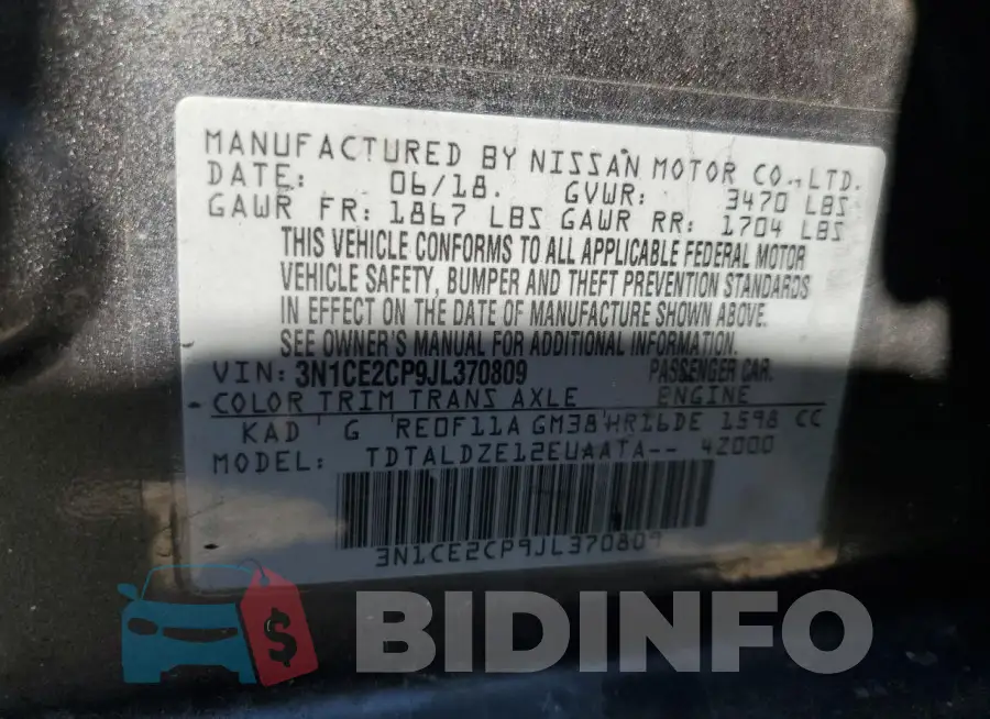 3N1CE2CP9JL370809 Photo# 12