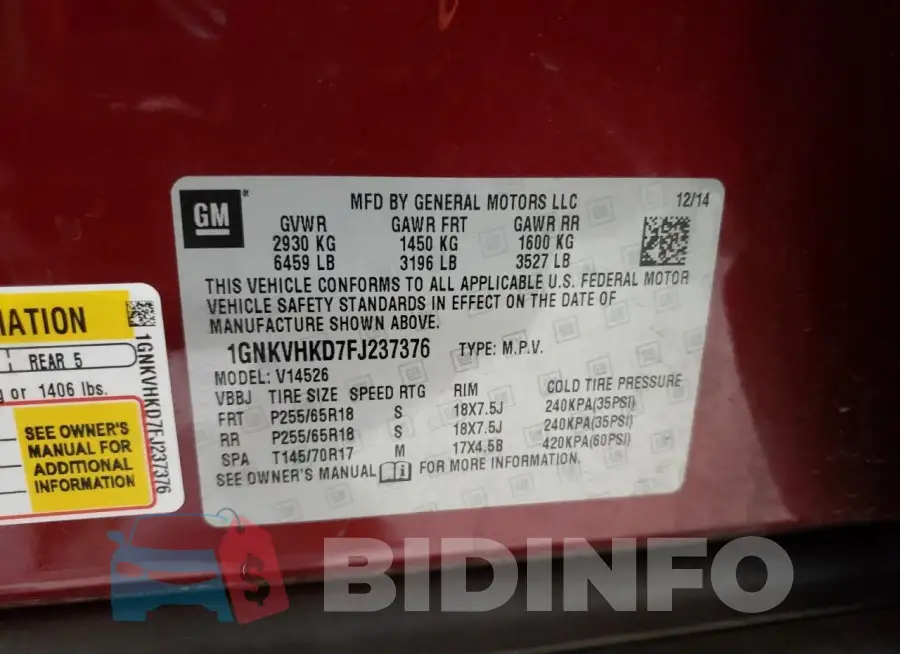 1GNKVHKD7FJ237376 Photo# 13