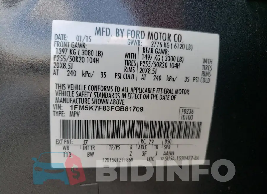 1FM5K7F83FGB81709 Photo# 14