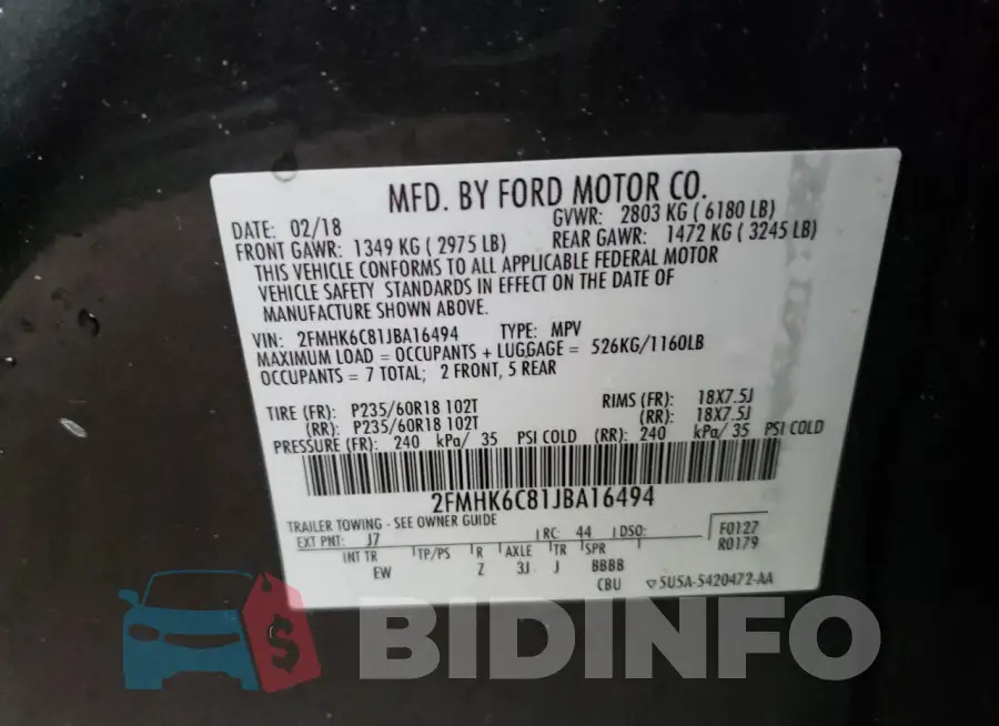 2FMHK6C81JBA16494 Photo# 13