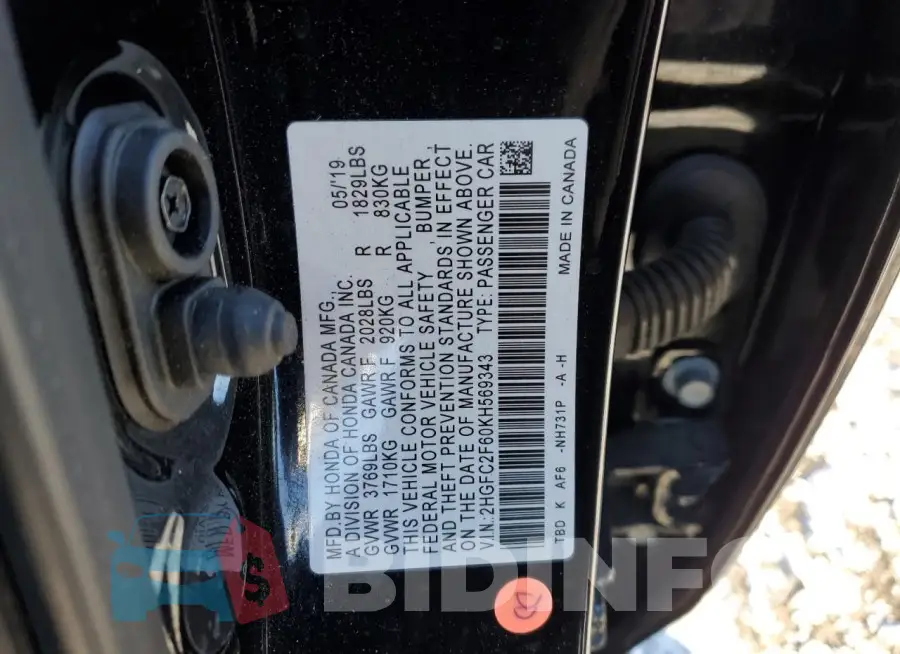 2HGFC2F60KH569343 Photo# 12