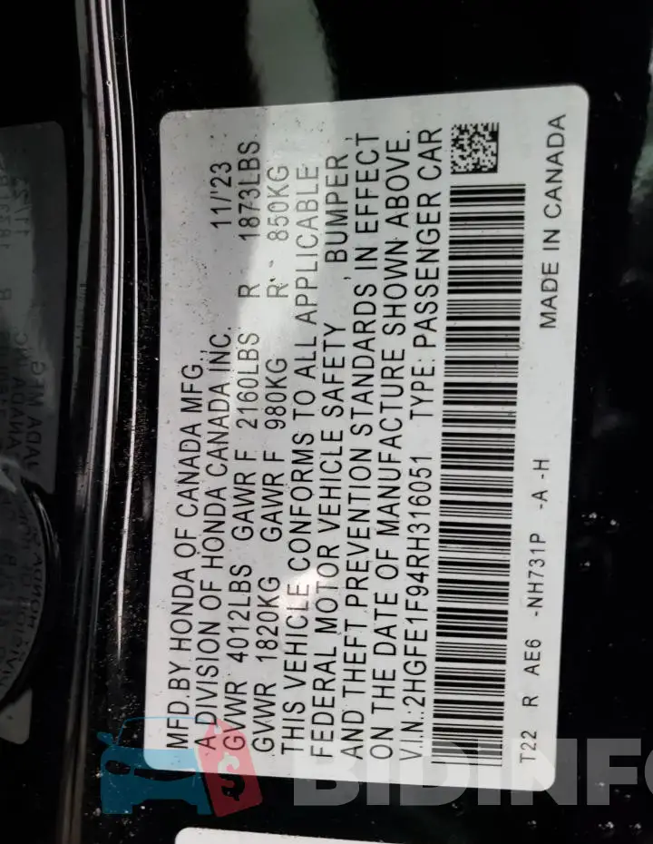 2HGFE1F94RH316051 Photo# 12